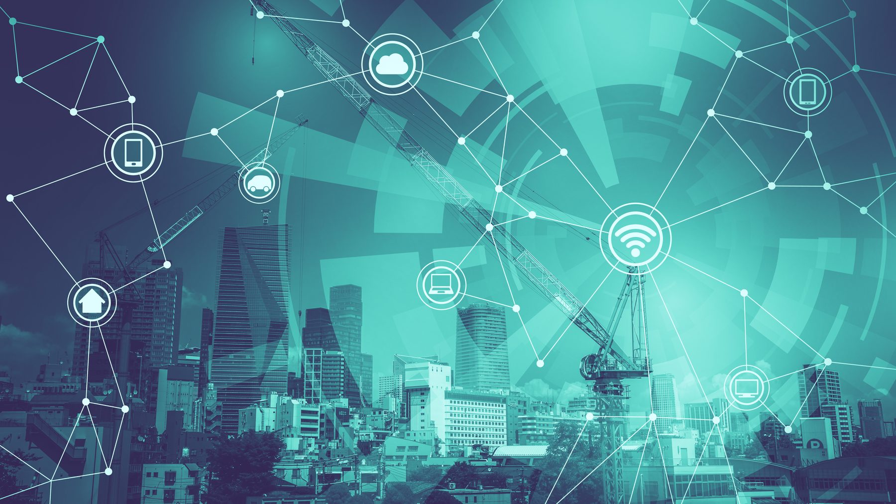 City skyline under construction with a teal network of connected data points layered over it