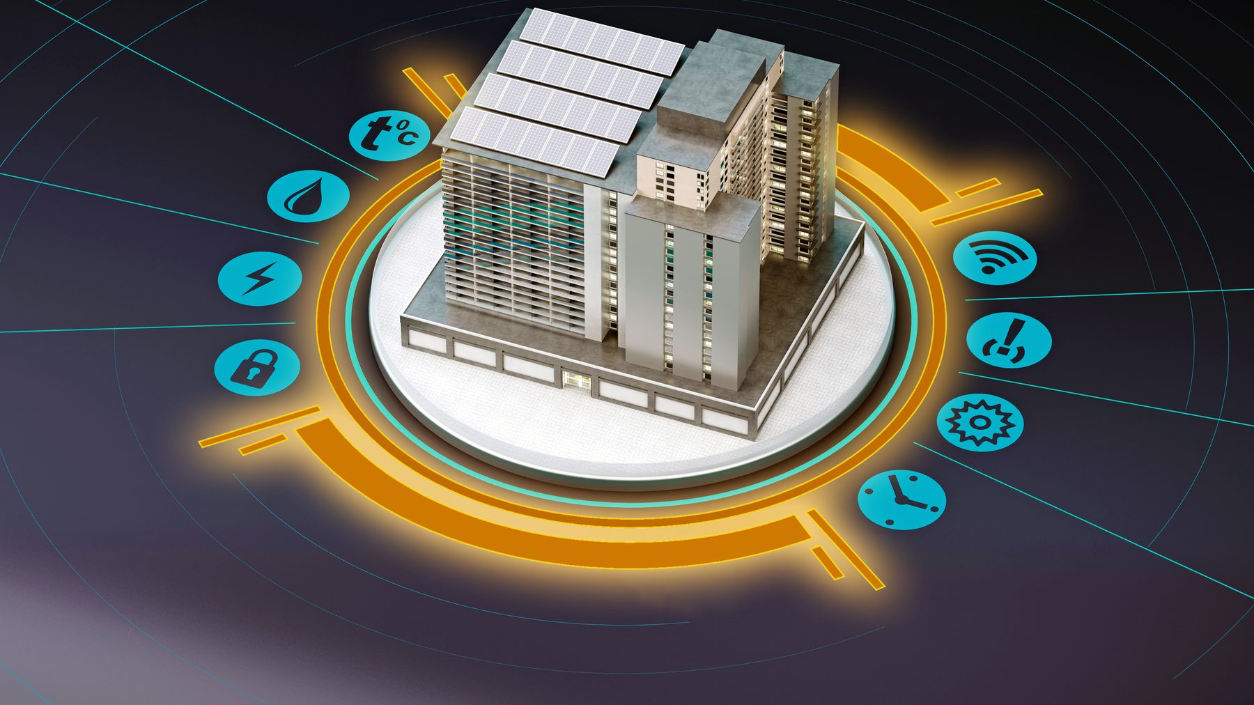 Model of a building at the center of a glowing dial of energy system icons